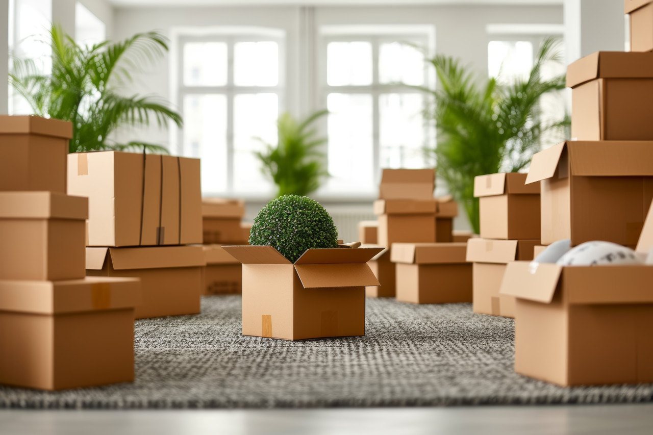 Indoor scene with cardboard boxes filled with personal items signifying moving day with space for text, moving day photo