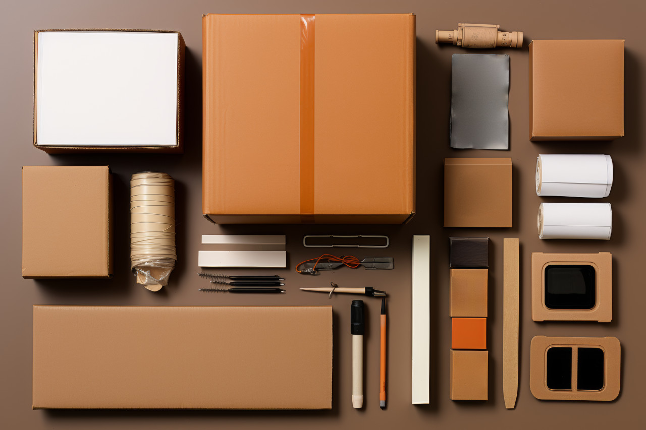 A collection of office essentials and stationery neatly arranged inside a brown box, downsizing for mobility concept