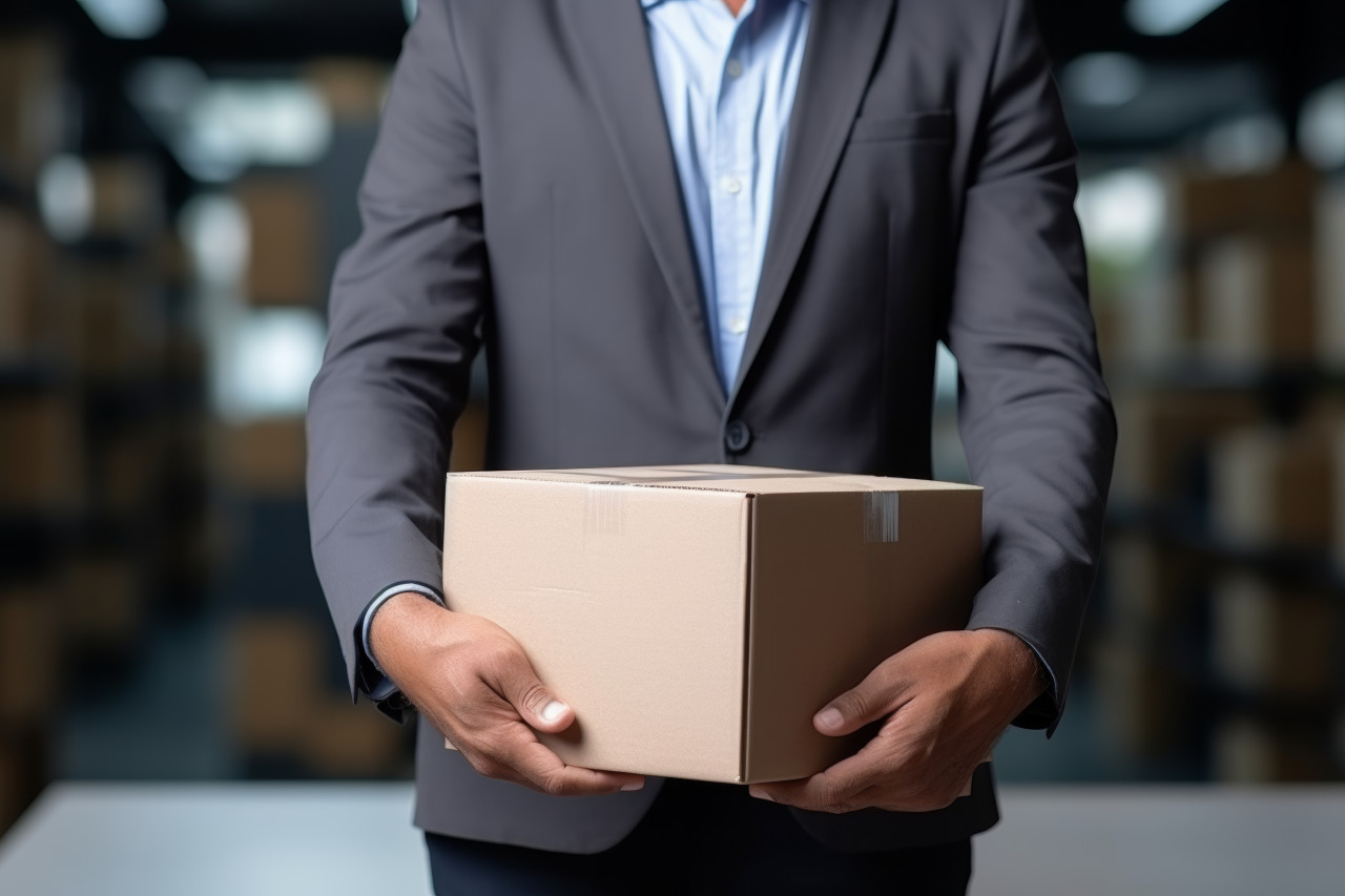 Close up of a businessperson holding a cardboard box, urban downsizing concept