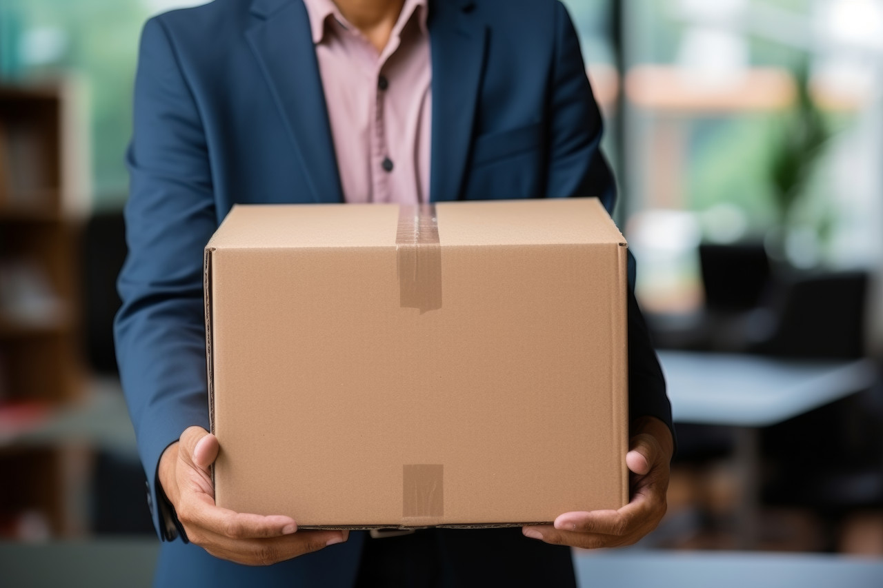 Unemployed businessperson close up carrying cardboard box after job loss., urban downsizing photo