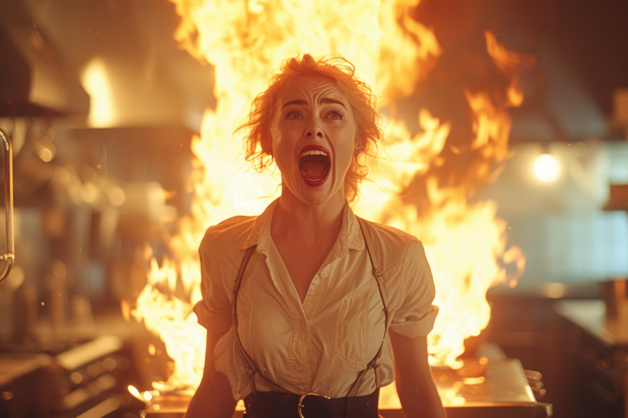 Woman screaming as flames engulf the kitchen urgent reaction to a sudden fire outbreak, cooking catastrophes photo