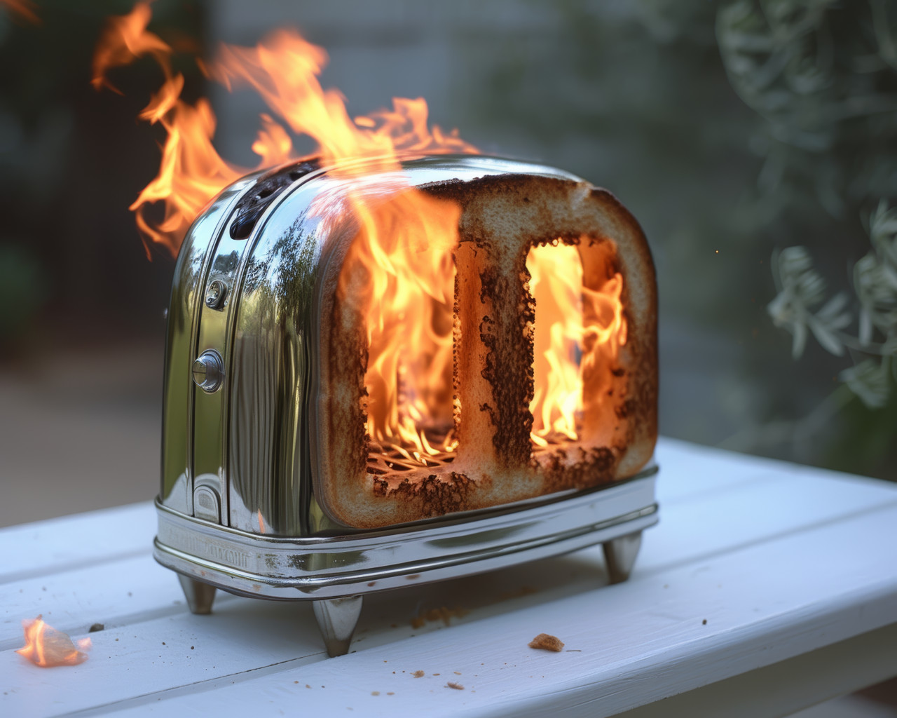 Toaster on fire on white bench, cooking catastrophes concept