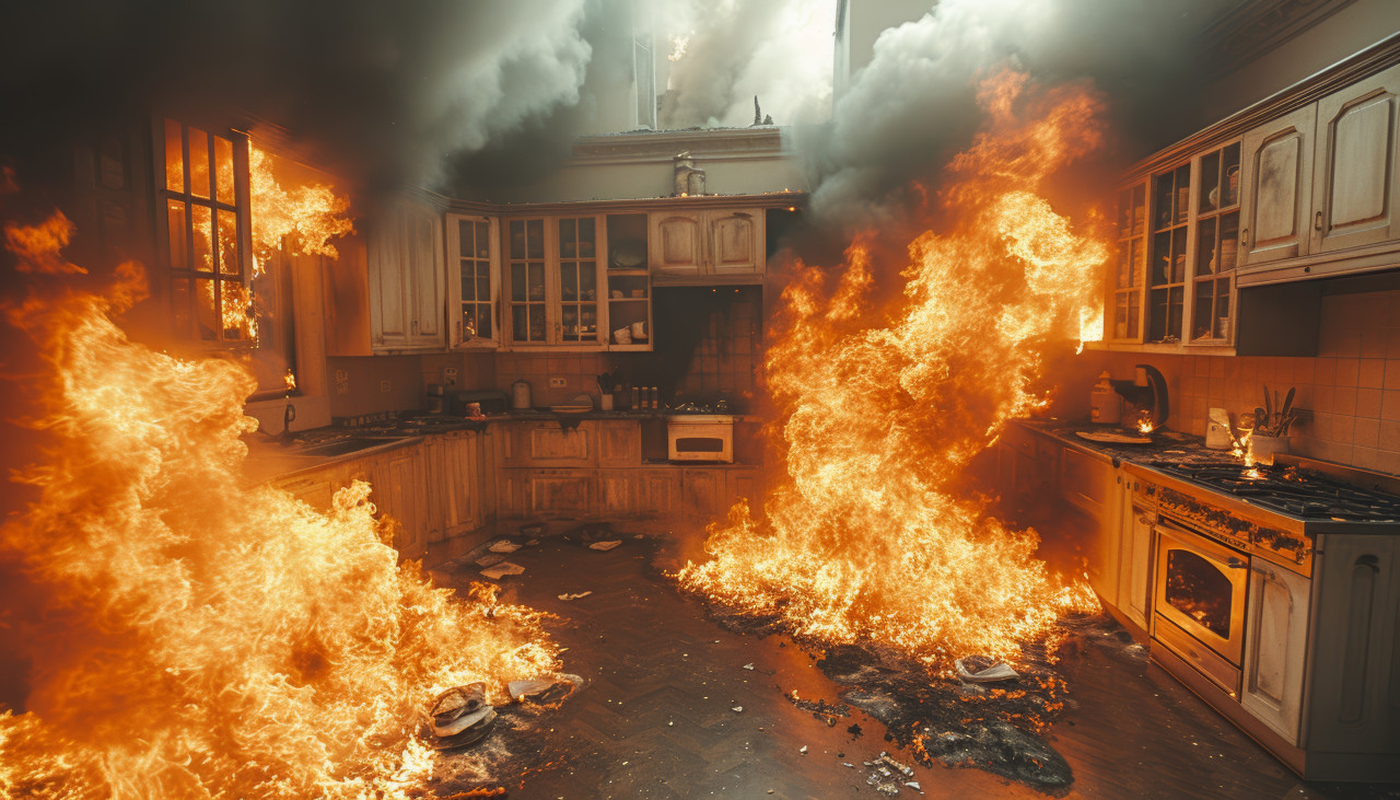 Woman house destroyed by kitchen fire a shocking scene with flames engulfing the home, cooking catastrophes concept
