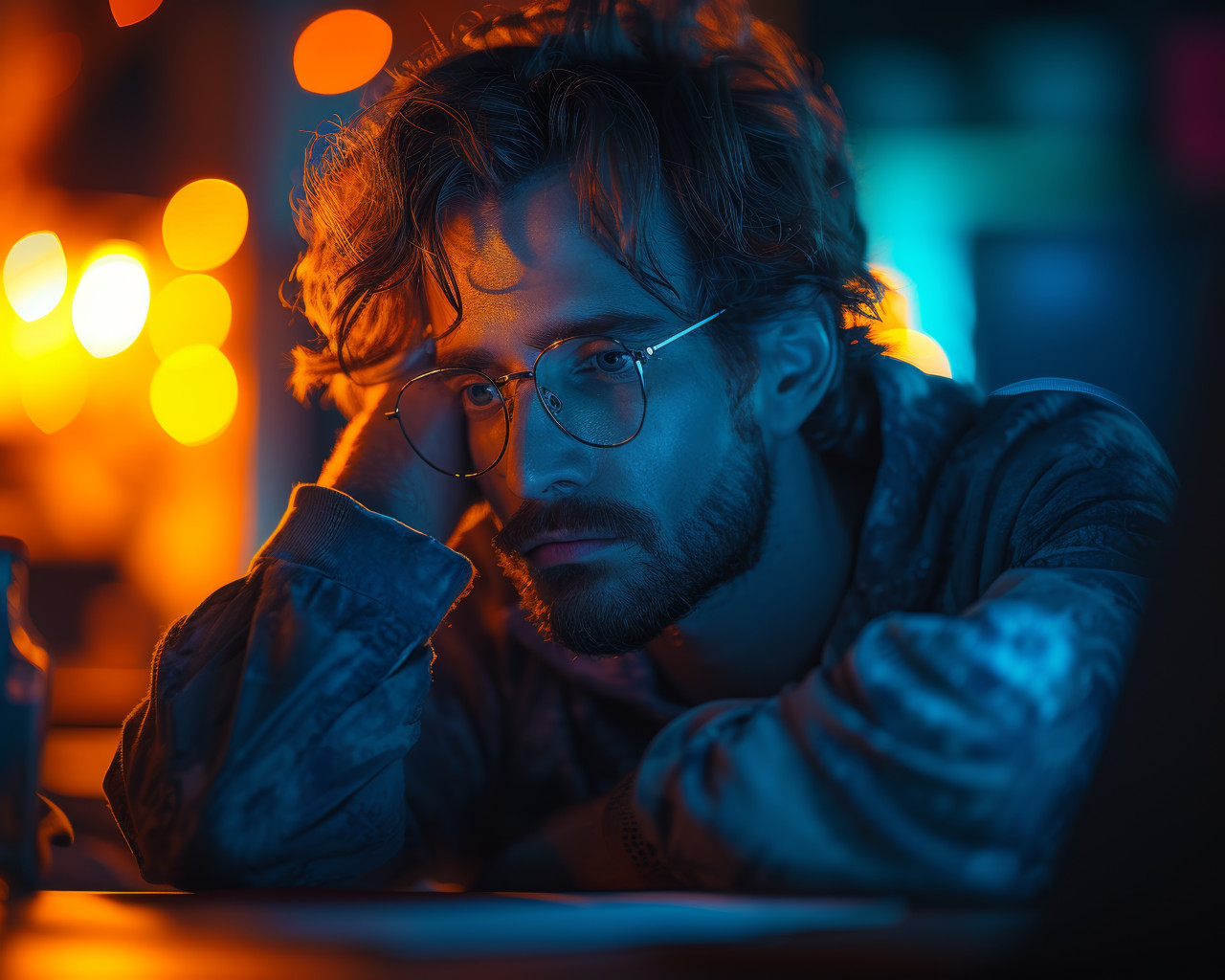 Stressed man in glasses sitting at desk with head in hands overwhelmed with work or challenges, workplace blunders photo