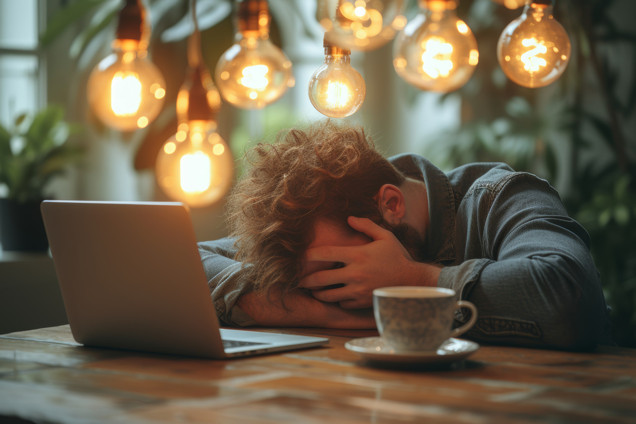 Man with head down on laptop at work desk feeling stressed and overwhelmed with work, workplace blunders concept
