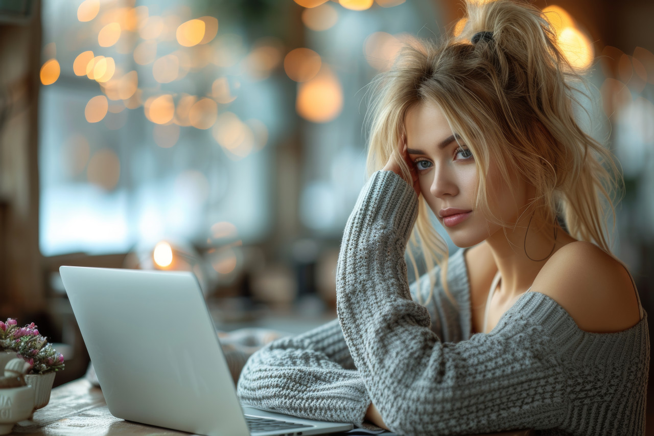 Beautiful woman at desk hand on face focused on laptop work, workplace blunders concept