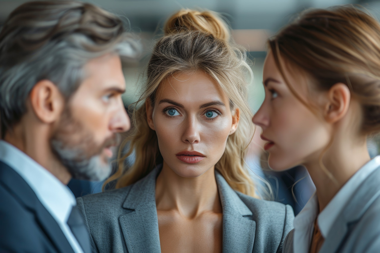 Three business individuals in a group expressing disagreement during a discussion, workplace blunders photo