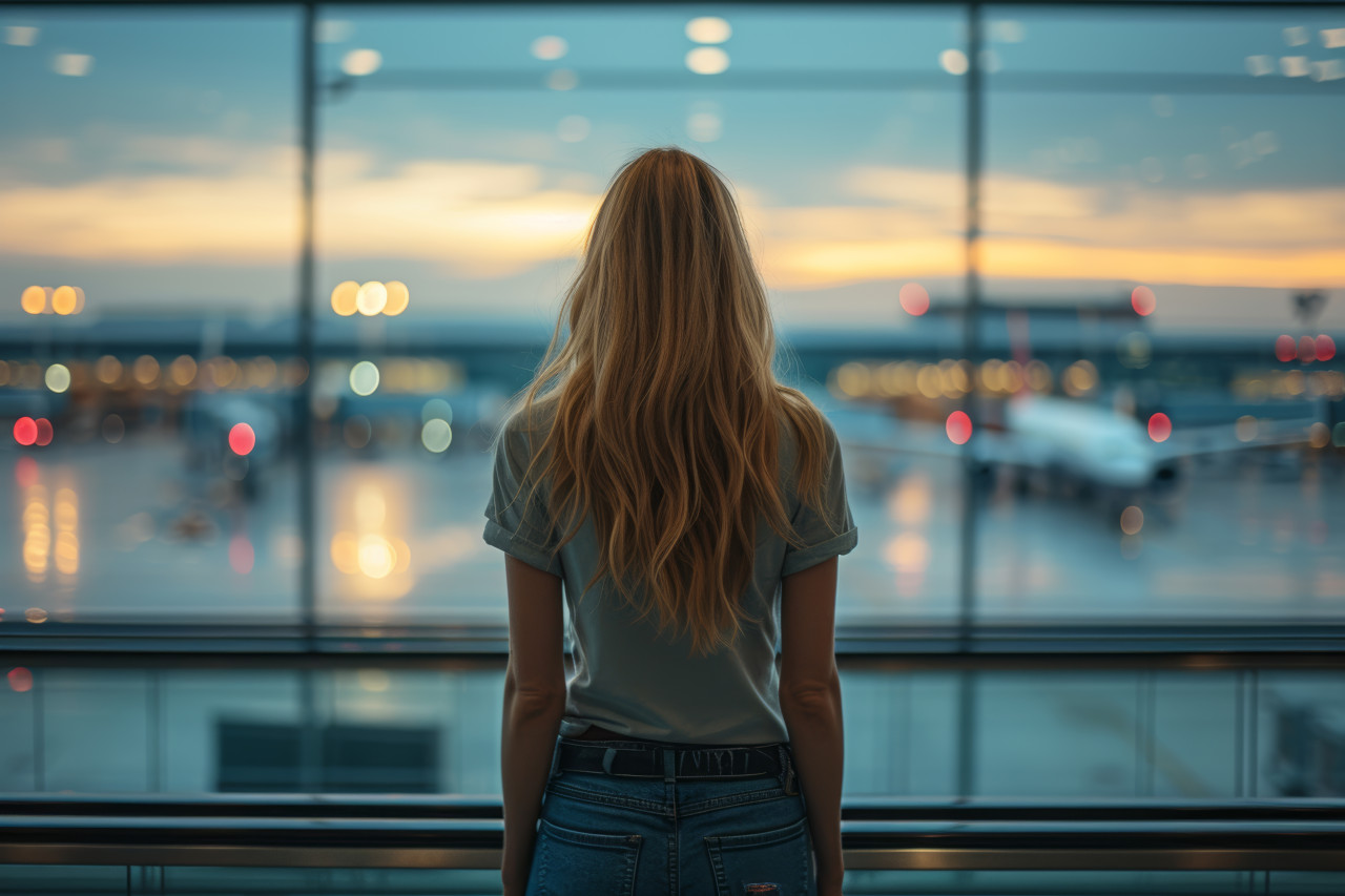 Woman at airport gazes at airplanes feeling regret for missed flights, missed flights concept