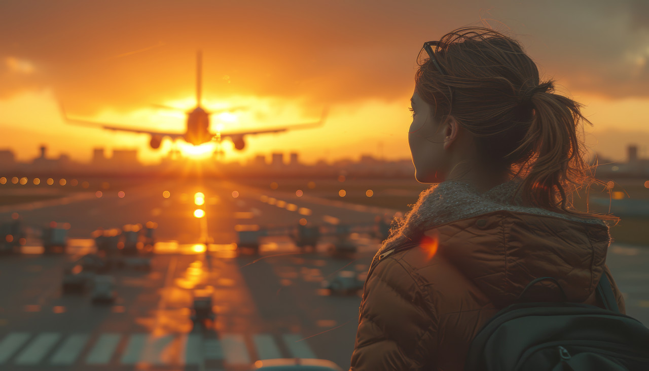 Woman watches plane at airport during beautiful sunset, missed flights concept