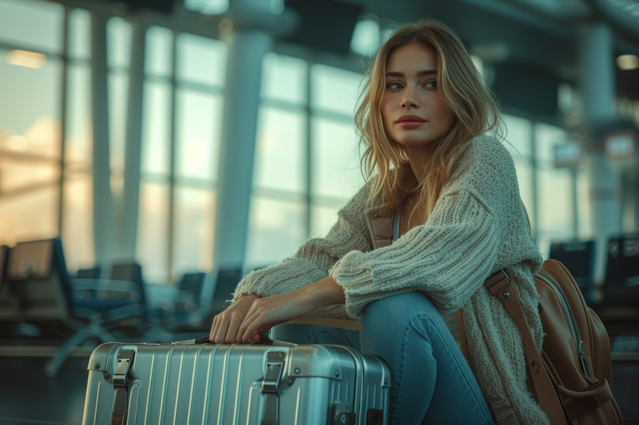 Woman sitting on airport floor with luggage beside her, missed flights photo