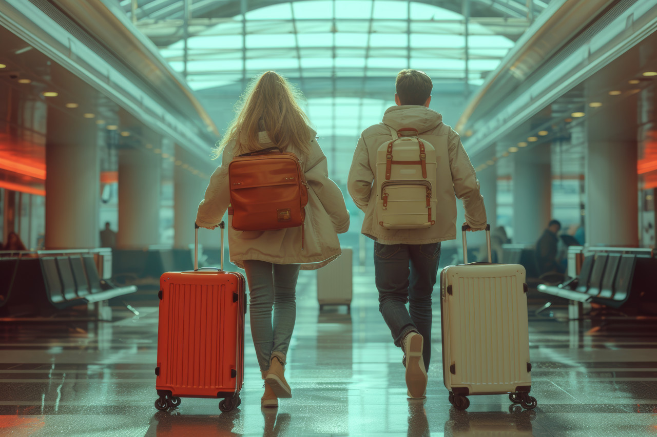 Man and woman with suitcases fast running through airport missed flights, missed flights concept