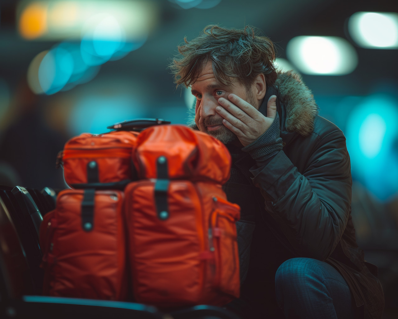 Man covering face with red luggage upset at airport terminal after missed flights, missed flights concept