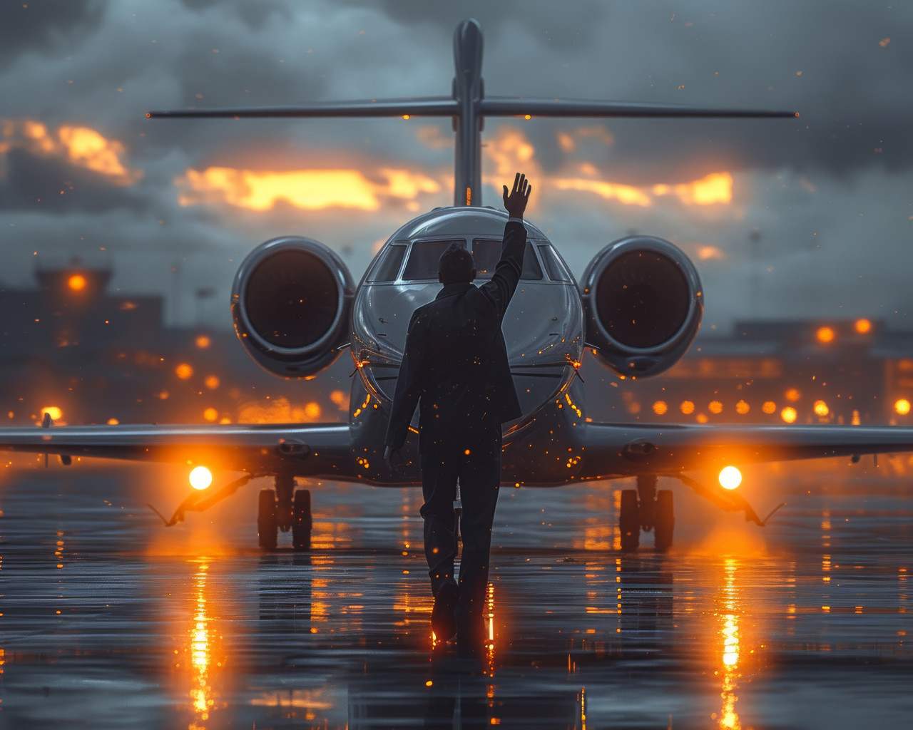 Businessman waving walking away from jet confident departure from private aircraft, missed flights concept