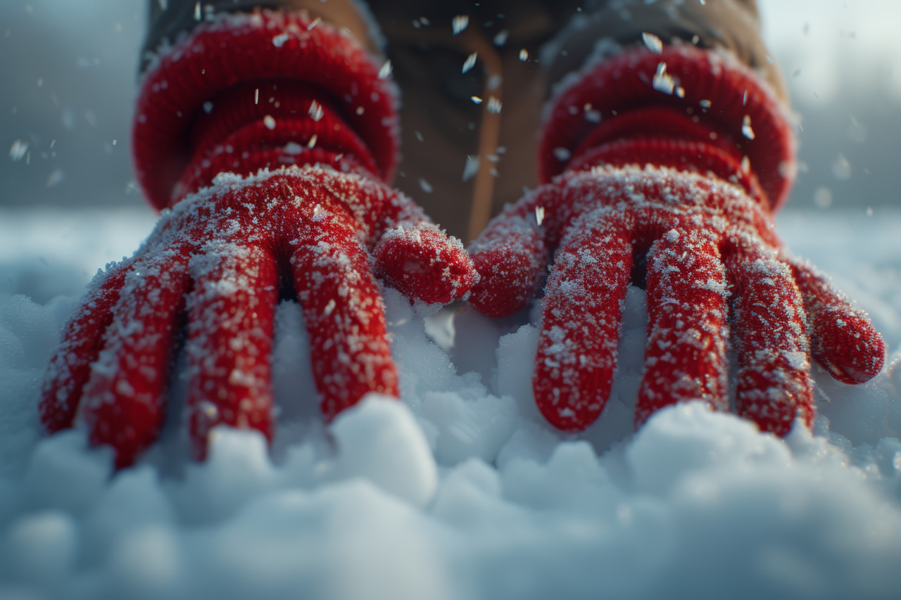 Red gloved individual touching snow in a snowy setting, winter wipe outs photo