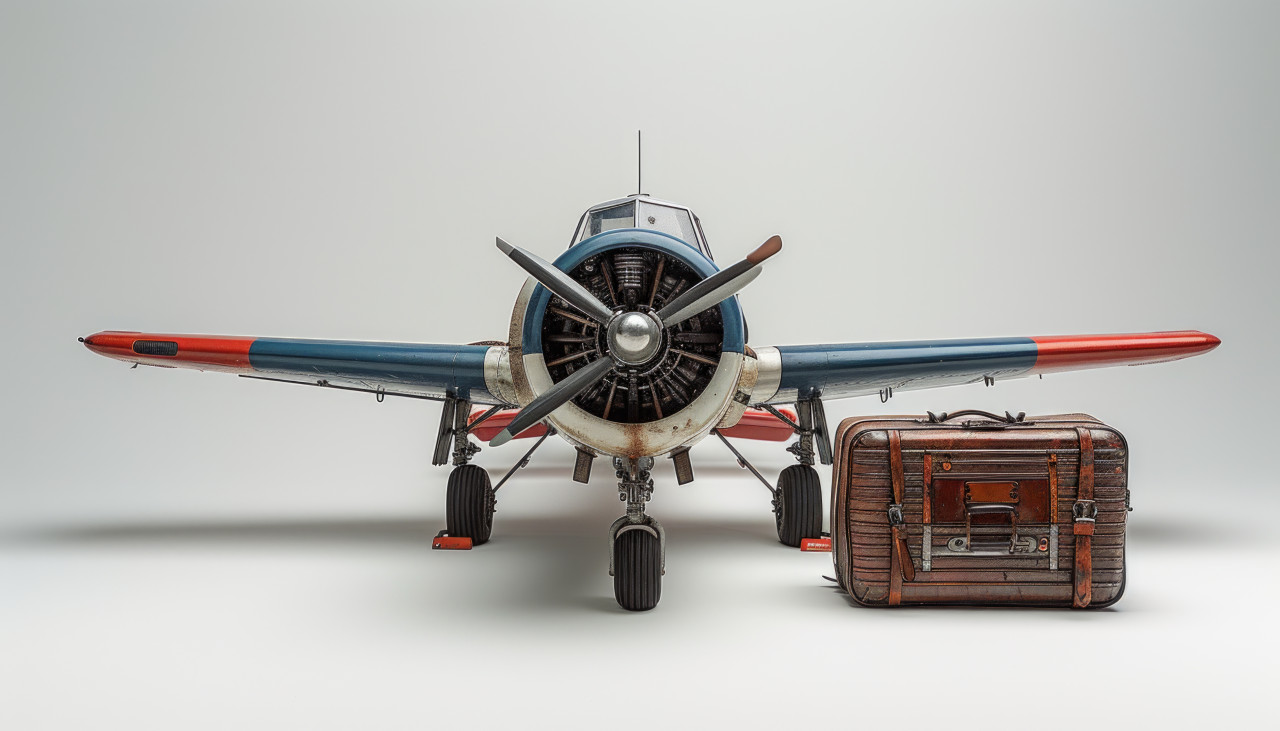 A tiny plane with a suitcase on a white background, holiday mishaps photo