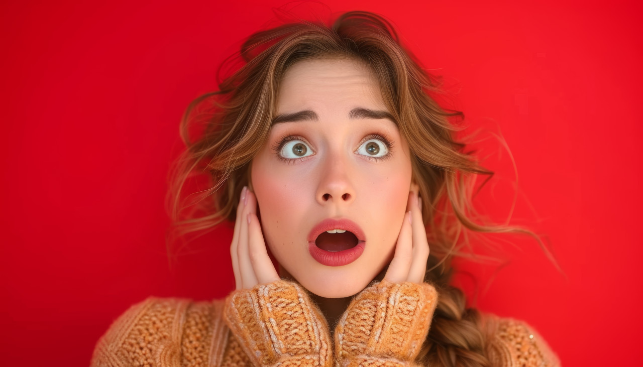 Surprised young woman on red background, unexpected surprises concept