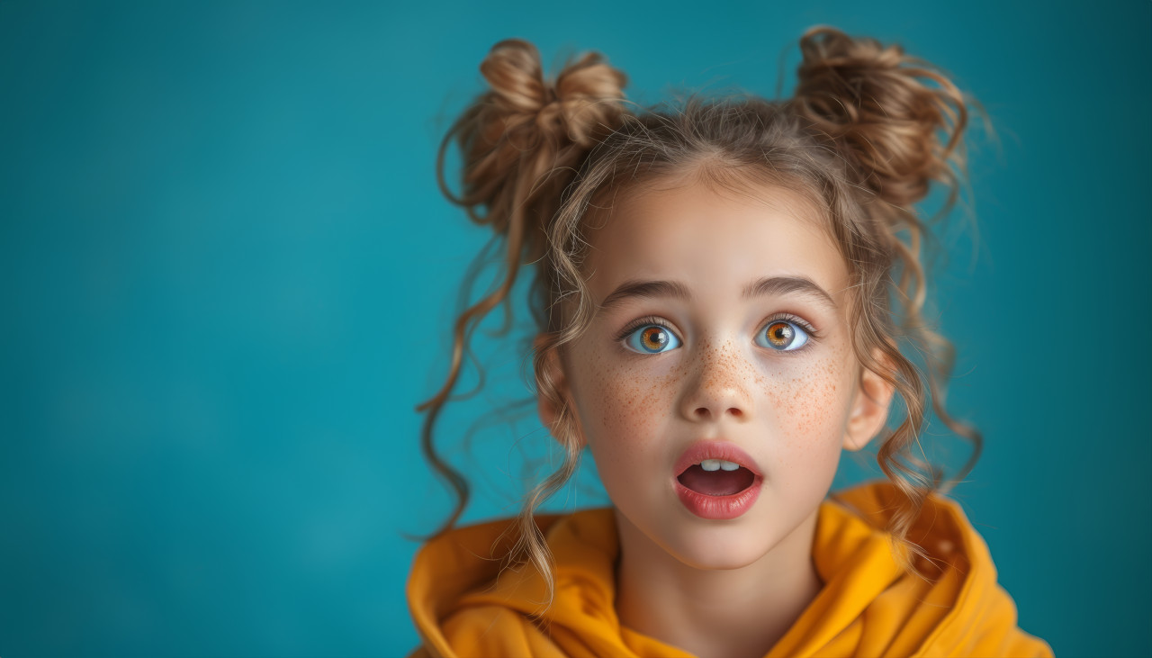 Young girl pleasantly surprised gazing into the vivid blue background, unexpected surprises photo
