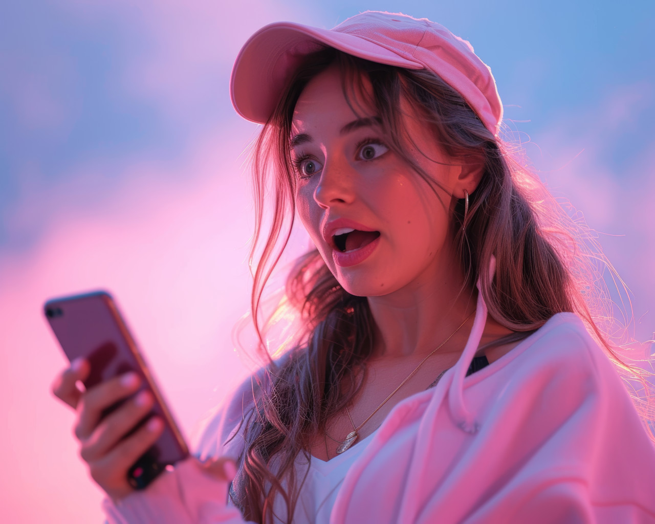 Woman expresses her emotions while looking at her mobile phone screen, unexpected surprises concept