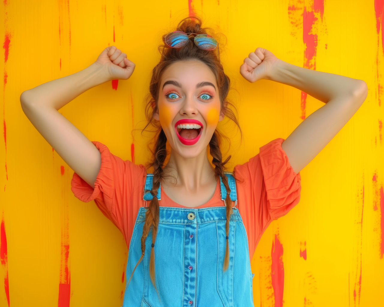 Happy woman with arms up in excitement celebrating joy and success with a big smile on her face, unexpected surprises photo