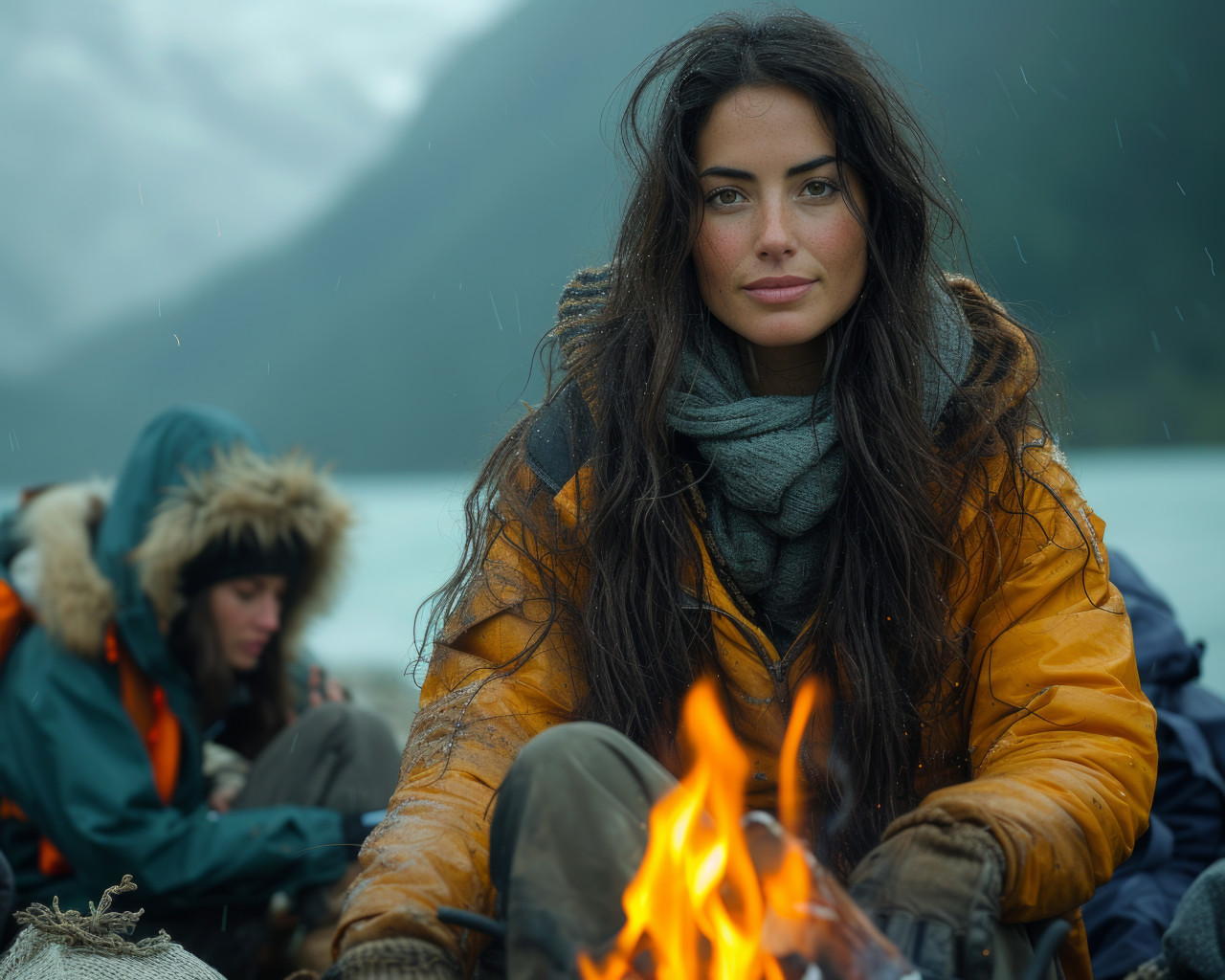 Woman sitting by open fire with others enjoying warmth and company outdoors, winter wipe outs photo