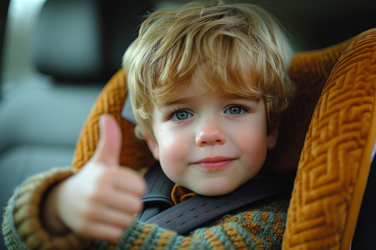 Young boy in car seat happily gives a thumbs up showing his excitement and positivity during the ride, holiday mishaps picture