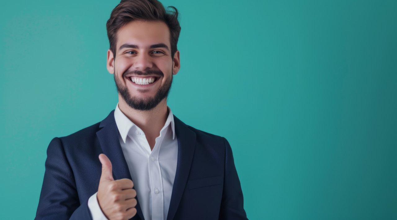 Smiling male businessman shows thumbs up, brand launch photo