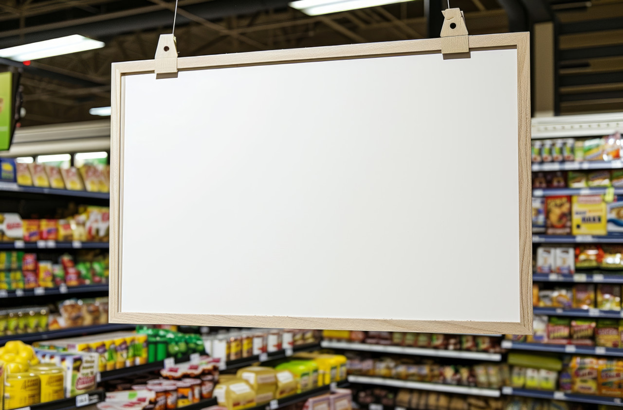 Empty paper board displayed in a grocery store, branding marketing concept