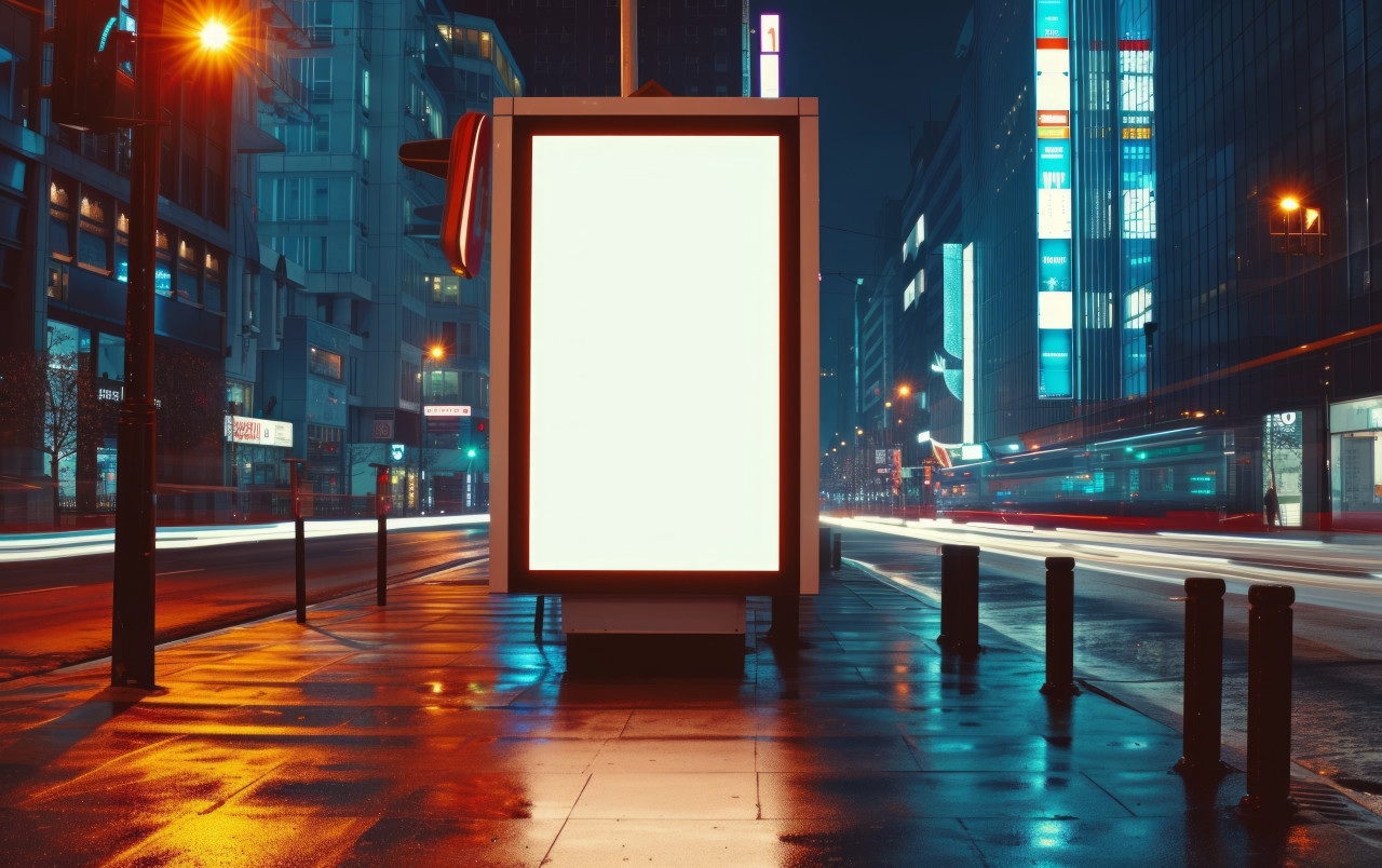 An empty poster displayed on a city street at night, branding marketing photo