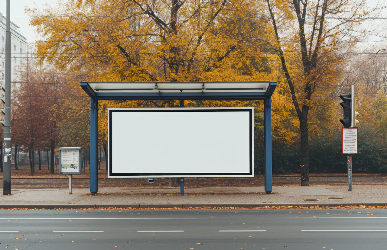 An empty billboard at a bus stop, branding marketing image