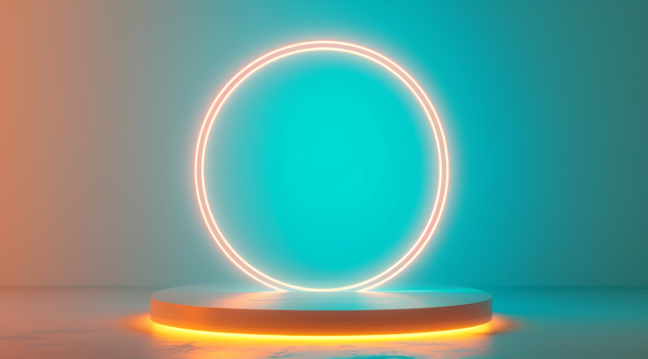 Glowing neon light on a pedestal radiating vibrant colors, brand positioning image