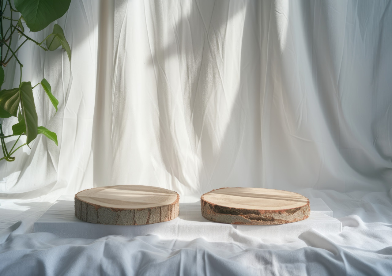 Two wood slices pedestals with green leaves on white backdrop, brand positioning concept