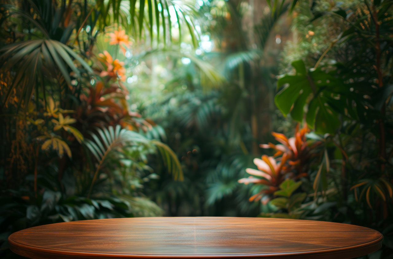 Wood round table in front of plants, brand positioning photo