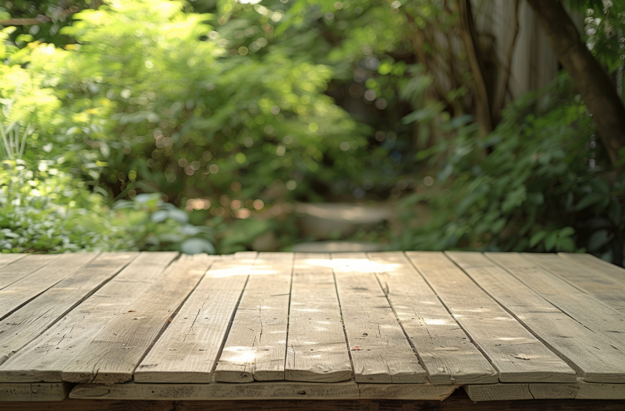 A rustic wooden table in a serene garden setting, brand positioning picture