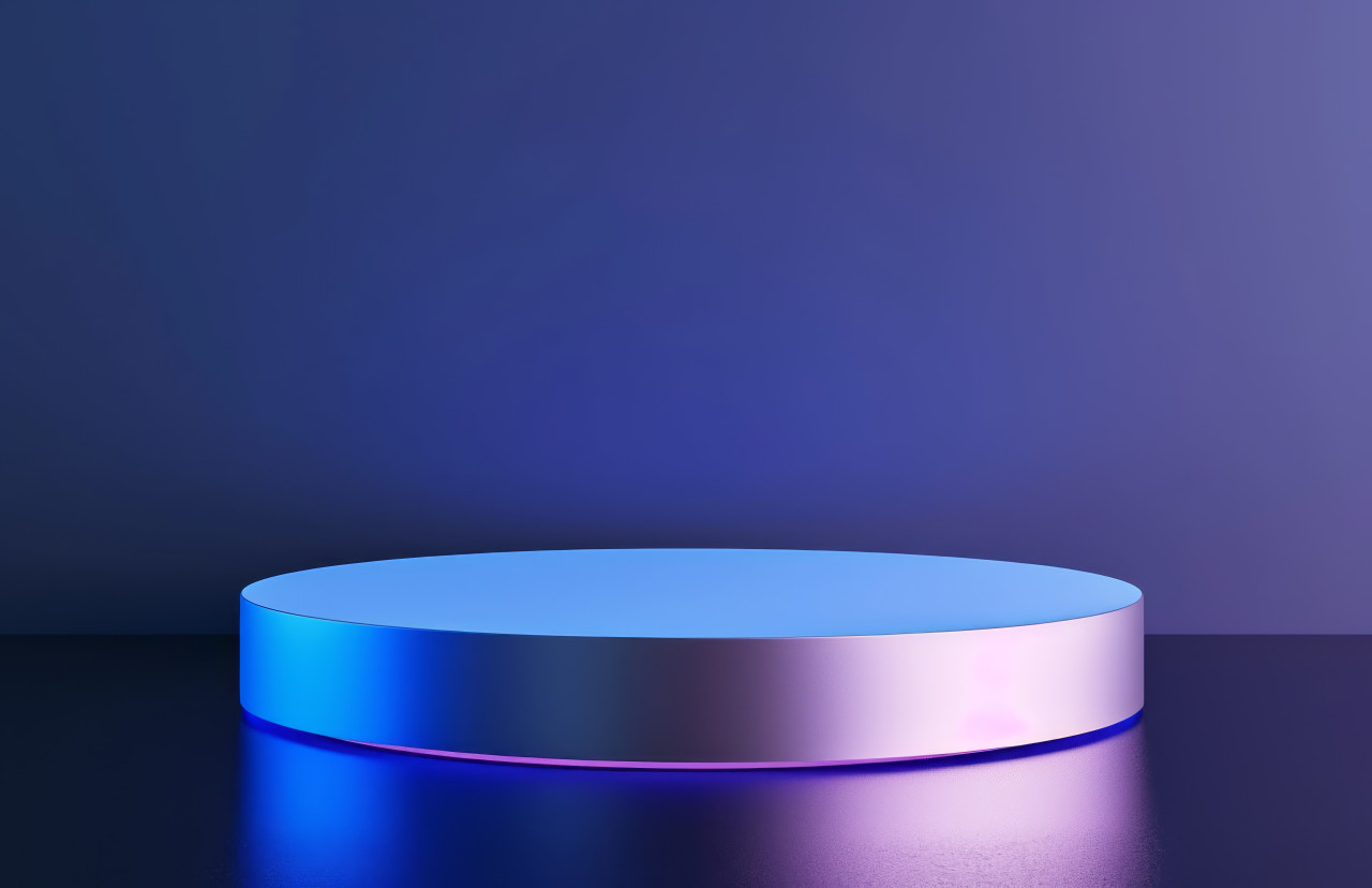 A blue podium against a dark blue backdrop, brand positioning image