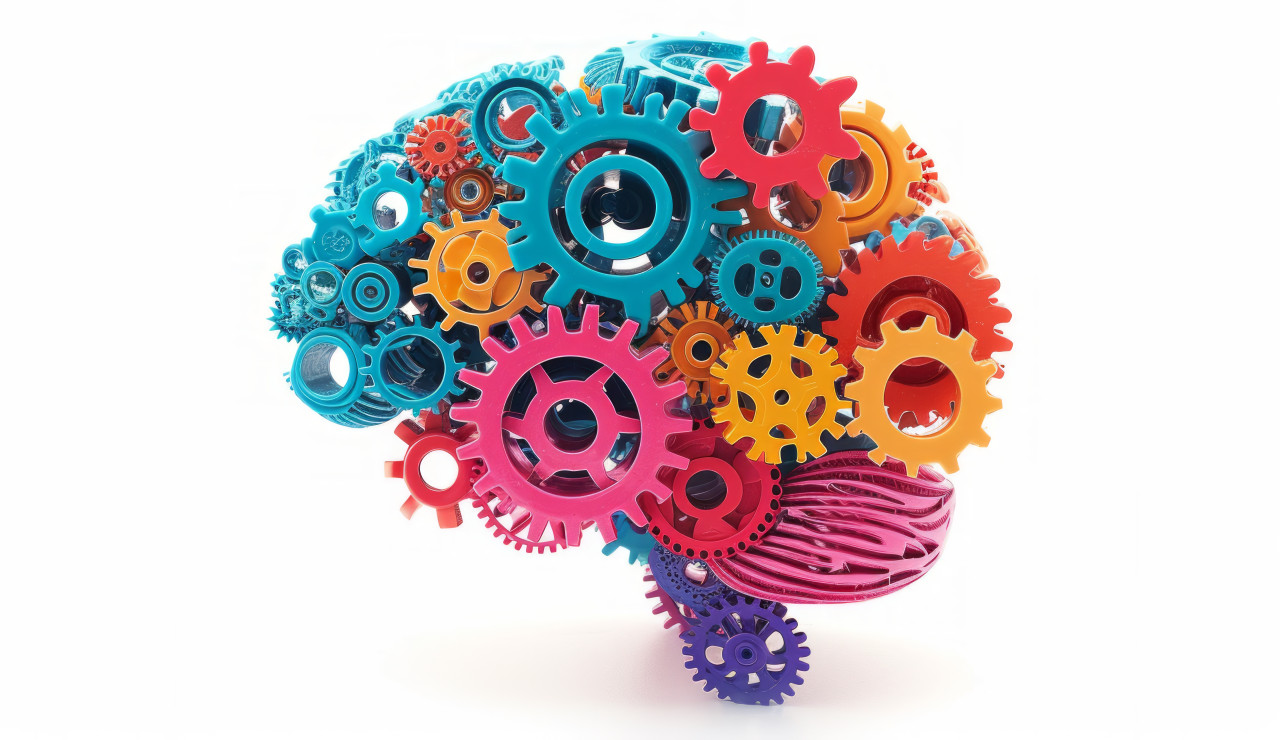Multiple gears form a colorful brain, brainstorming idea generation concept