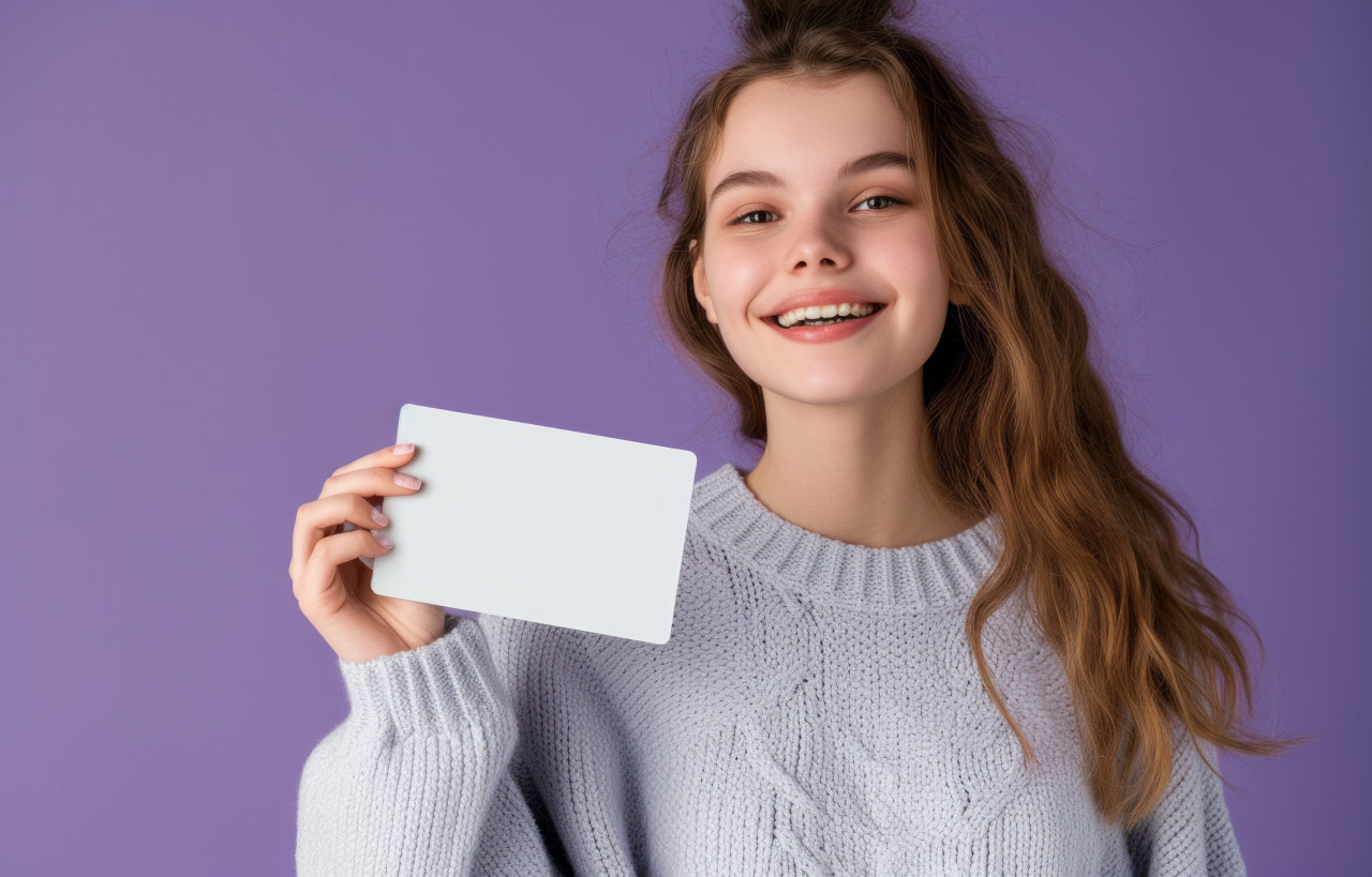 A young woman holding a blank business card against a vibrant purple backdrop, personal branding image