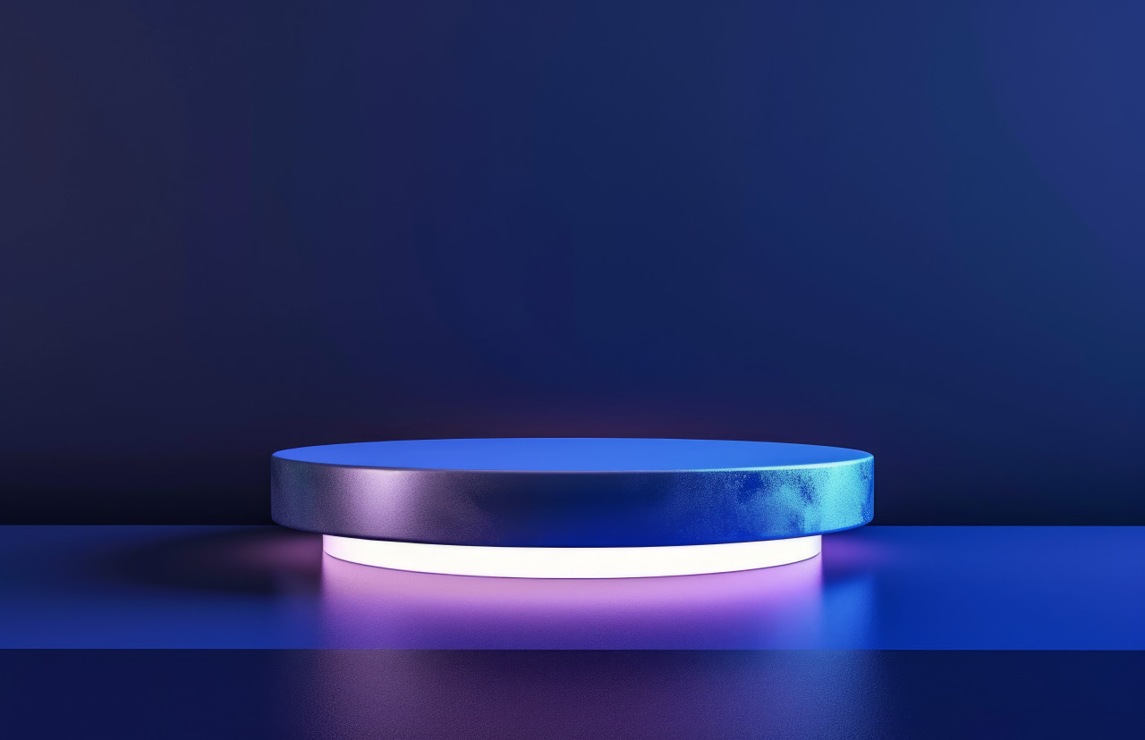 Blue podium glowing on a dark blue backdrop, brand positioning concept