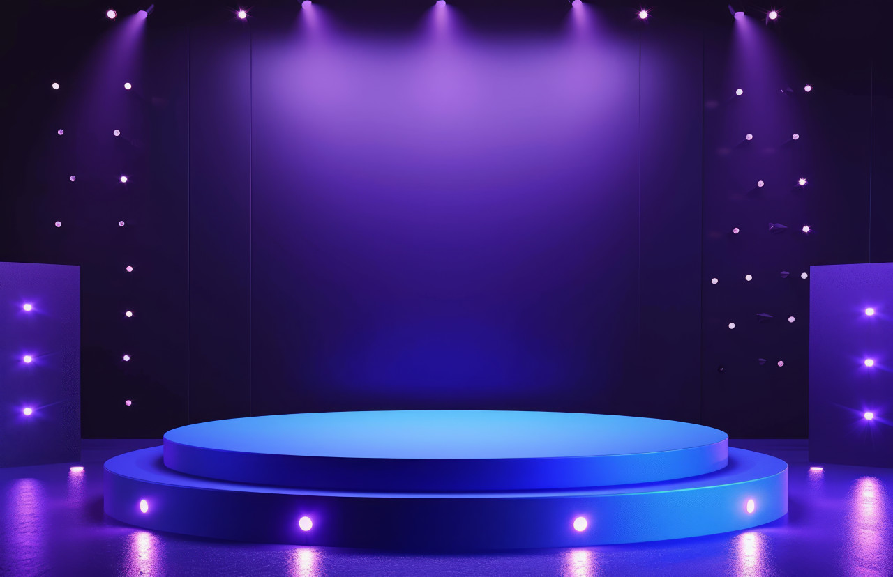 Blue round podium on dark background with lights, brand positioning picture