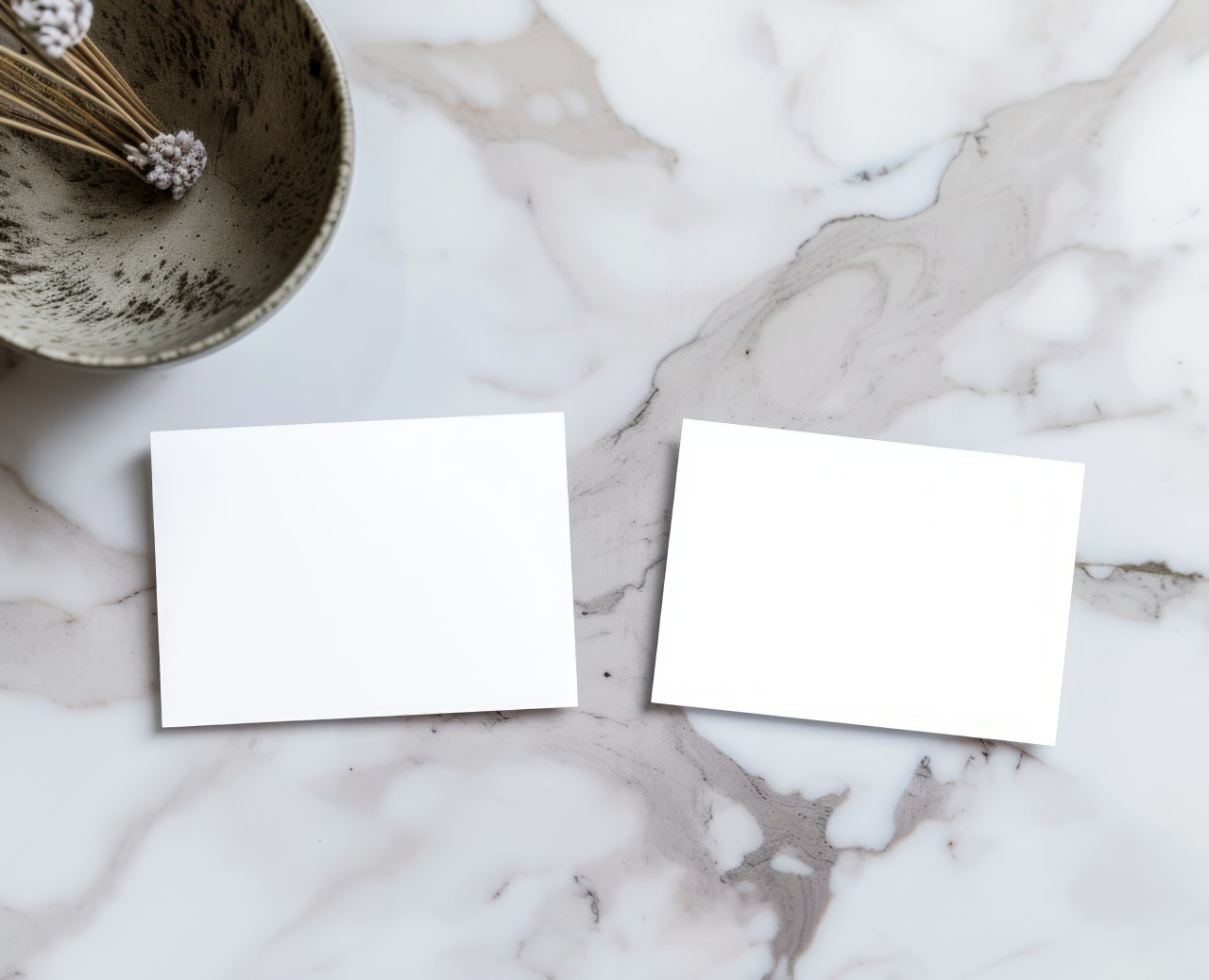 Two empty white business cards placed on a stylish marble desk, personal branding concept