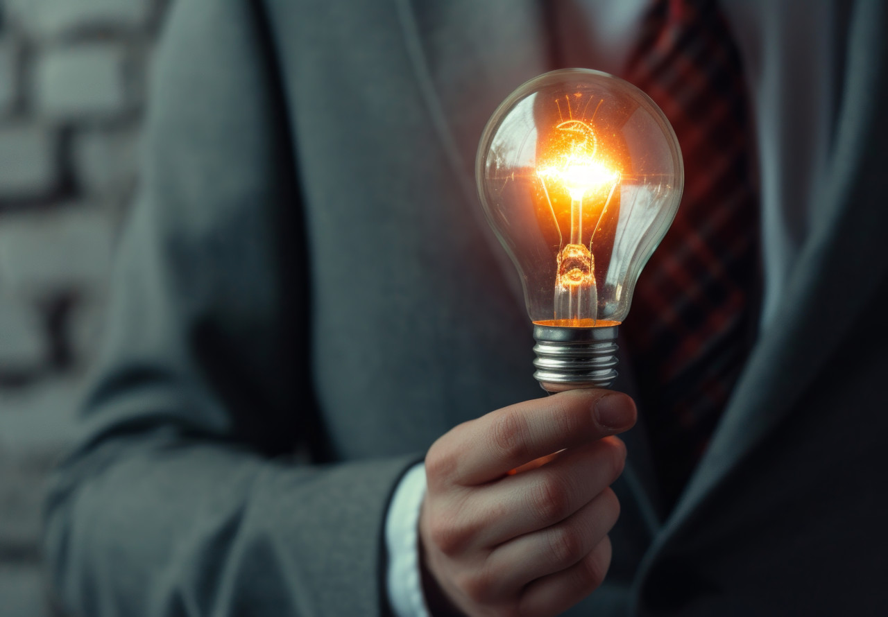 Businessman holds up a glowing light bulb, brainstorming idea generation picture