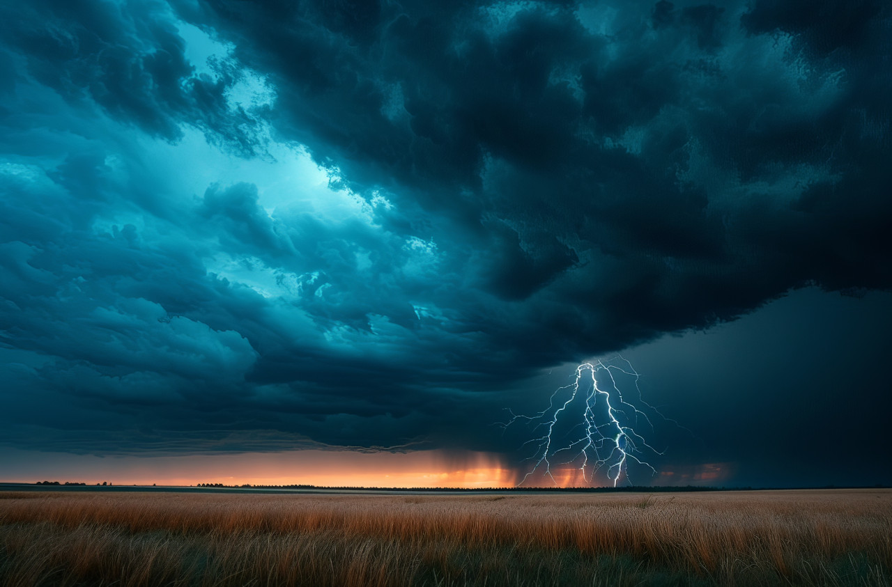 Dark clouds loom as lightning a vast field, extreme weather events concept