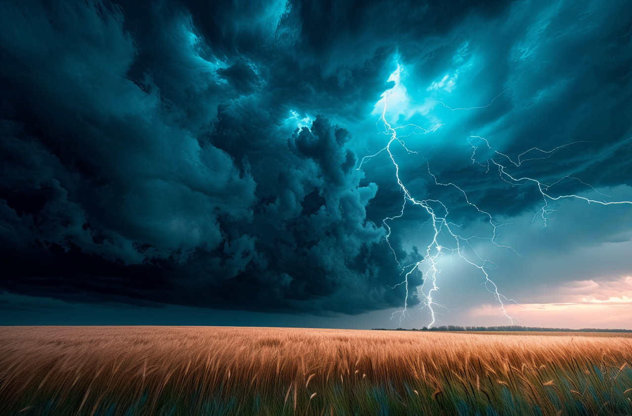 Lightning strikes dramatically over a vast field, extreme weather events picture