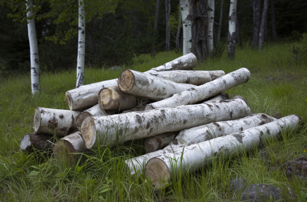 Pile of birch logs in the green grass by the woods, deforestation and logging image
