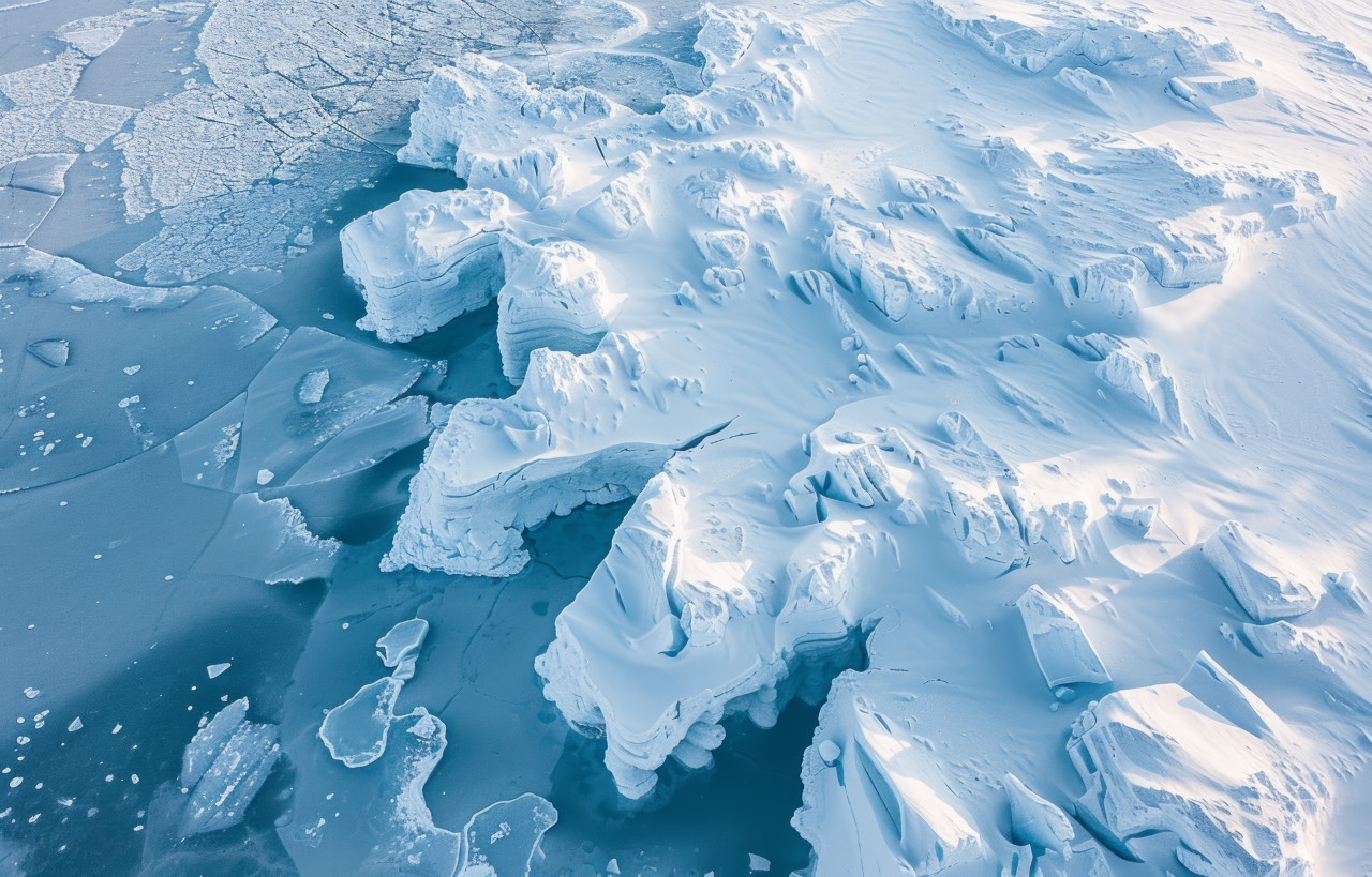 Icebergs covered in white snow seen from above, melting glaciers and icebergs concept