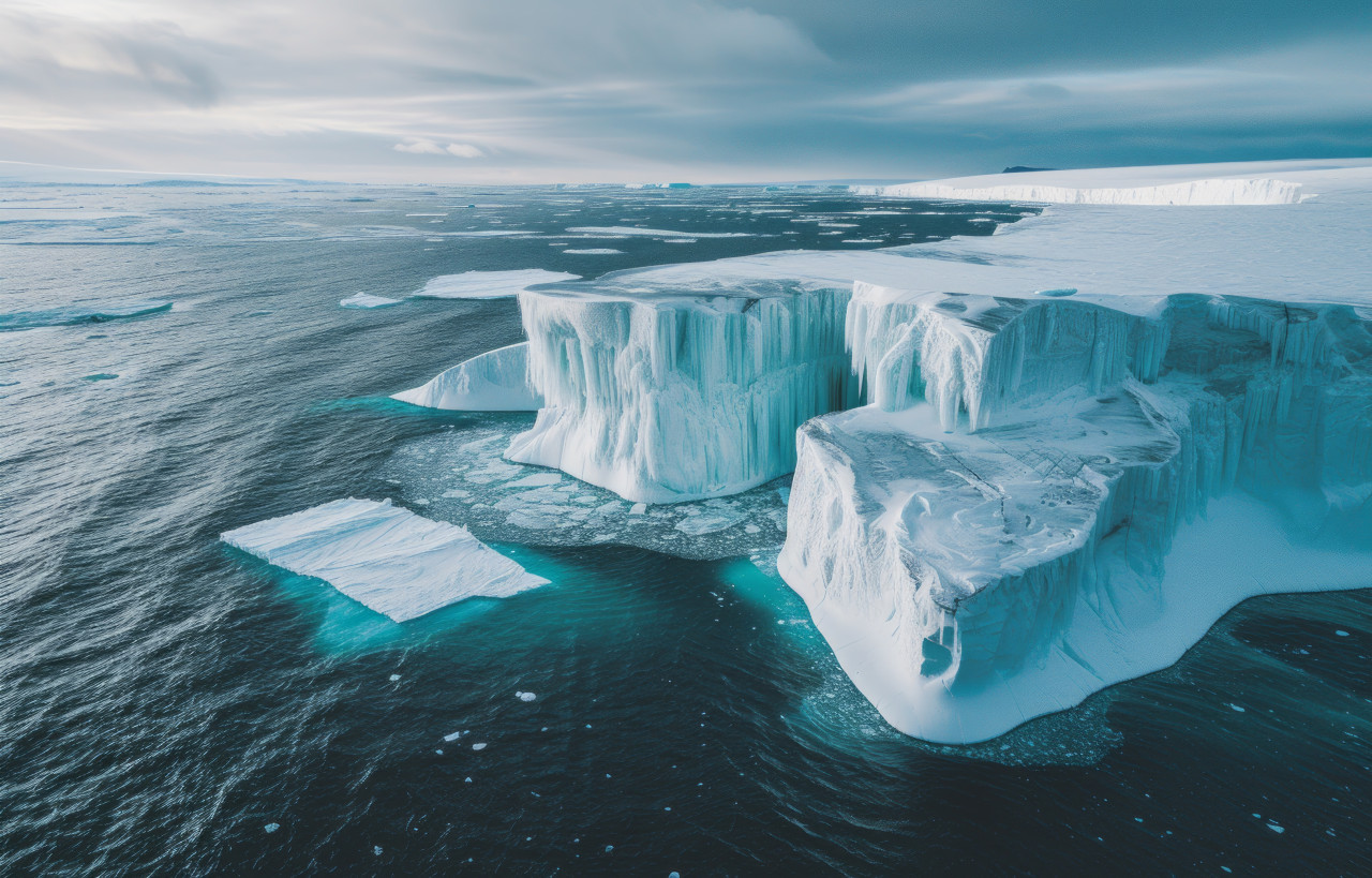 Overlying icebergs in a frozen scene, melting glaciers and icebergs photo