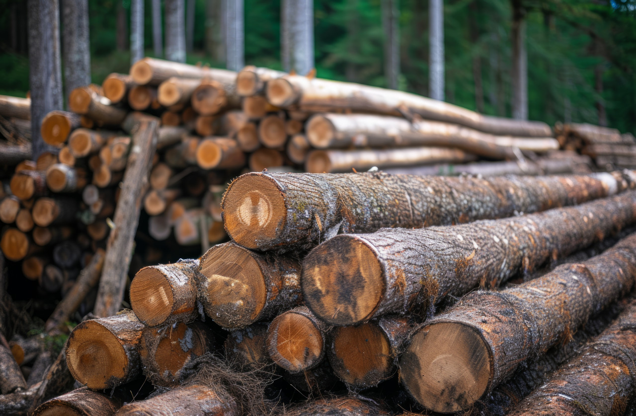 A stack of logs in a serene forest setting, deforestation and logging photo