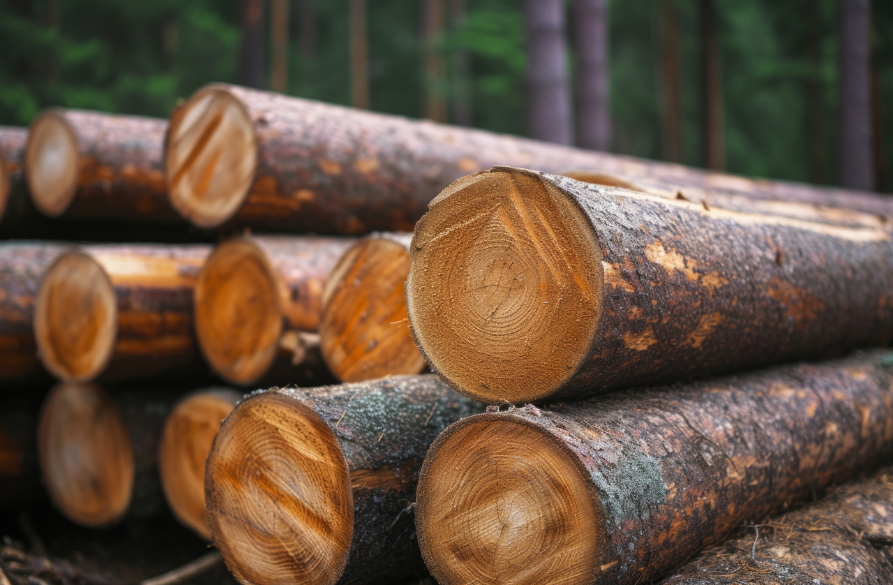 Piled logs in the woods, deforestation and logging picture