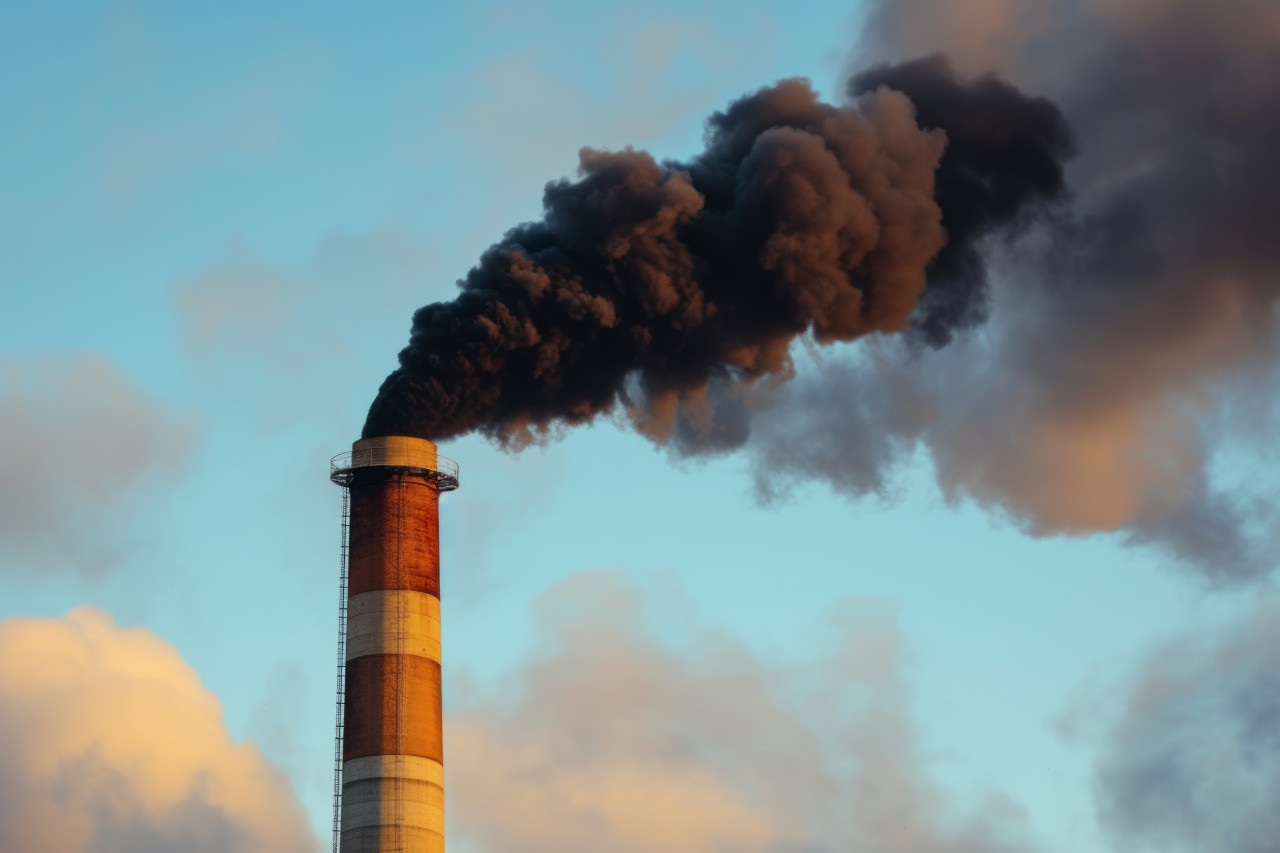 A chimney releasing black smoke into the air, pollution and industrial impact concept