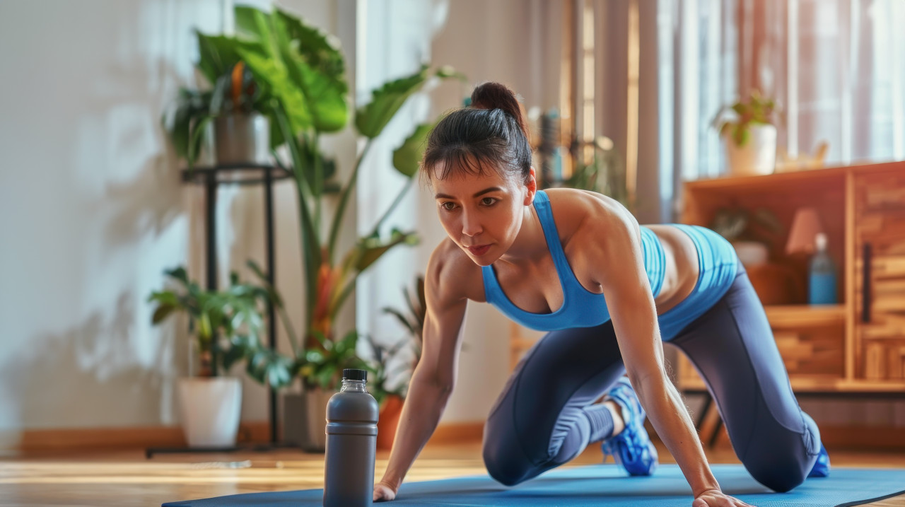A woman in blue sportswear does push-ups on a yoga mat at home, showing strength and fitness in a home workout environment