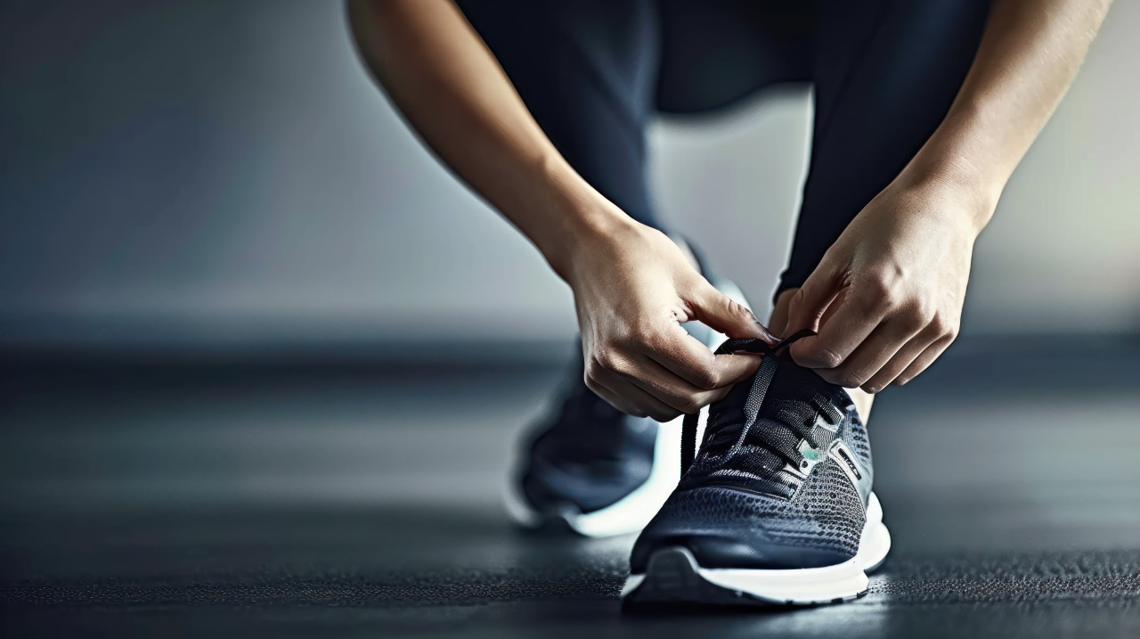 A close up of a woman hands tying the laces on her running shoes, ready for exercise, showing preparation and fitness
